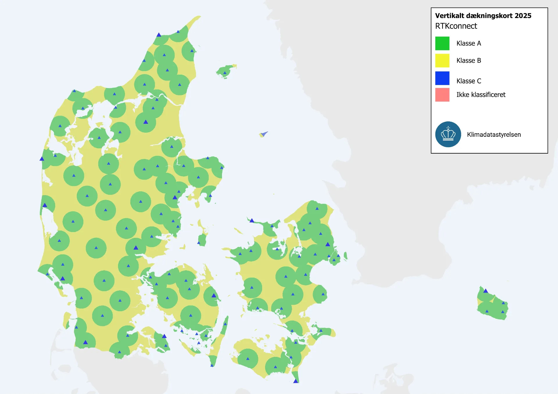 Dækning
Netværket er landsdækkende og er godkendt efter Bekendtgørelsen om registrering af GNSS-positionstjenester. Du kan forvente en kvalitet i dine opmålinger på 1-2 cm i plan og 1-4 cm kote afhængig af din GPS-modtager.

Befinder du dig i gul- eller blå zone, tilbyder vi at du kan få opsat en base-station uden beregning, så din præcision er tættest på 1 cm i plan og kote. 